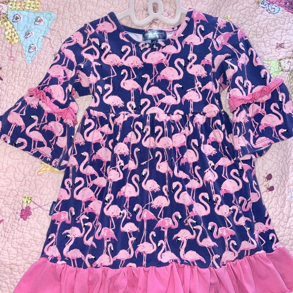 Simply Southern Pink Flamingo Dress 4T EUC!